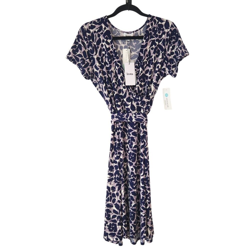 NWT Leota Jemima Faux Wrap Dress Blue Abstract Stretch Jersey Knit Women's L
